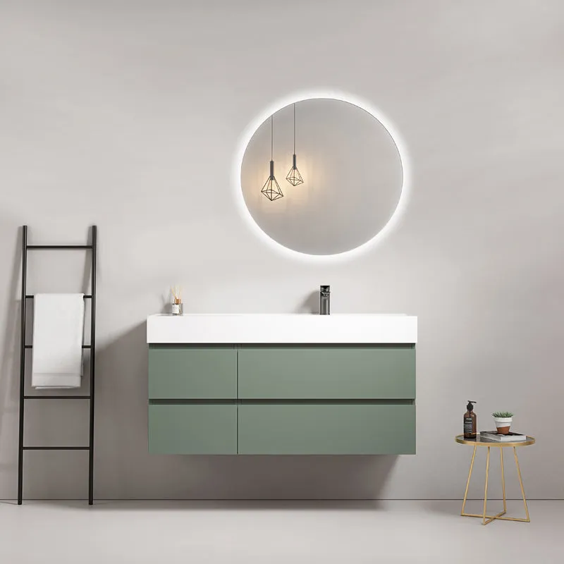 Mobile bagno sospeso 120 cm Verde Salvia Lavabo a Destra in Resina Specchio Tondo Retroilluminato - Fiji Paint