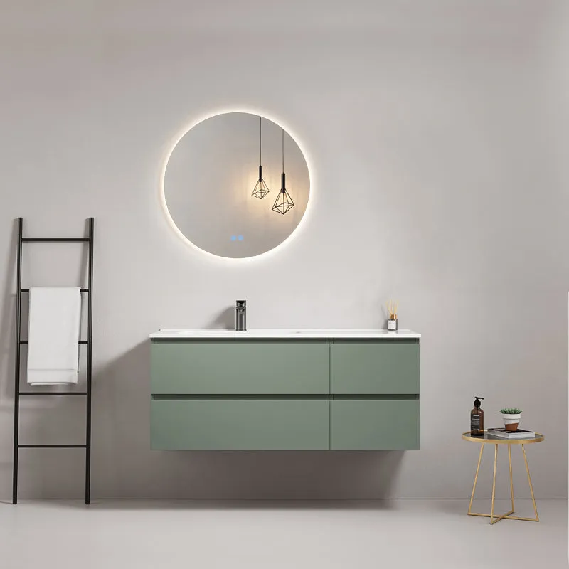 Mobile bagno sospeso 120 cm Verde Salvia Lavabo a Sinistra in Ceramica Specchio Tondo Retroilluminato - Fiji Paint