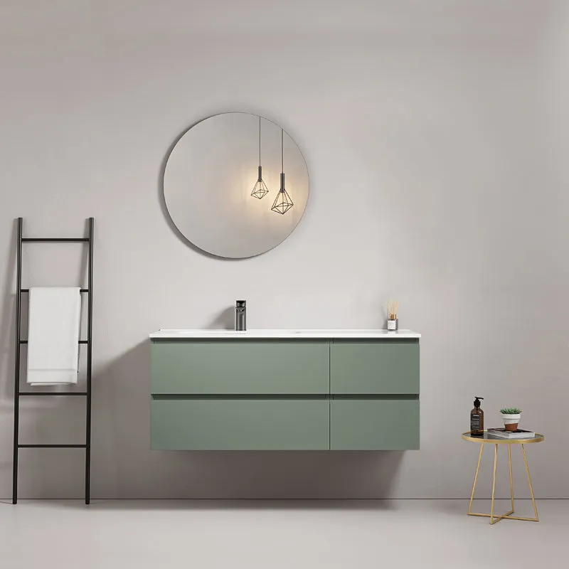 Mobile bagno sospeso 120 cm Verde Salvia Lavabo a Sinistra in Ceramica Specchio Tondo - Fiji Paint