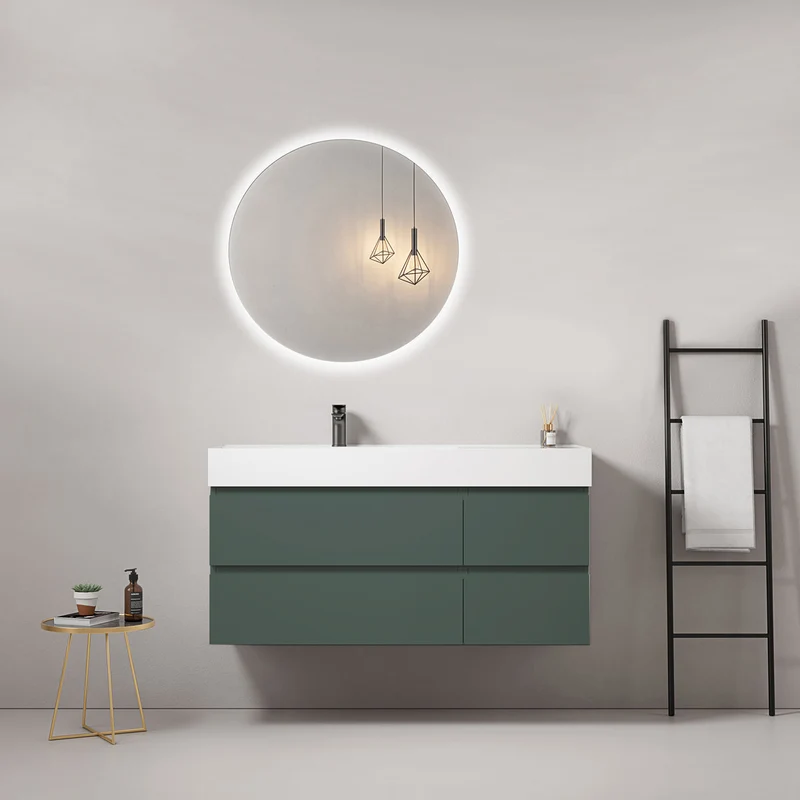Mobile bagno sospeso 120 cm Verde Comodoro Lavabo a Sinistra in Resina Specchio Tondo Retroilluminato - Fiji Paint