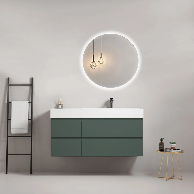 Mobile bagno sospeso 120 cm Verde Comodoro Lavabo a Destra in Resina Specchio Tondo Retroilluminato - Fiji Paint