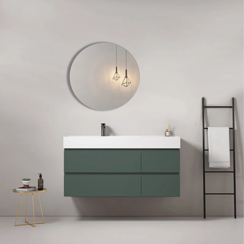 Mobile bagno sospeso 120 cm Verde Comodoro Lavabo a Sinistra in Resina Specchio Tondo - Fiji Paint