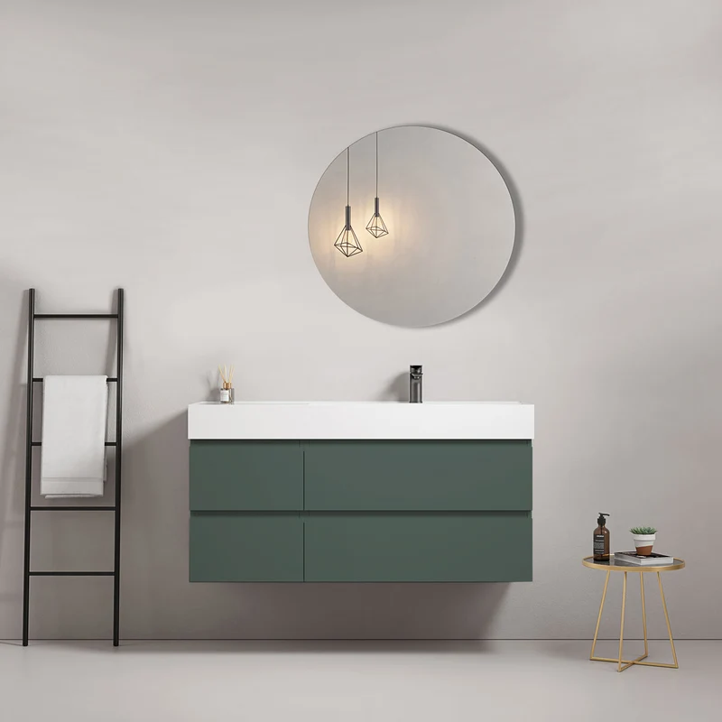 Mobile bagno sospeso 120 cm Verde Comodoro Lavabo a Destra in Resina Specchio Tondo - Fiji Paint