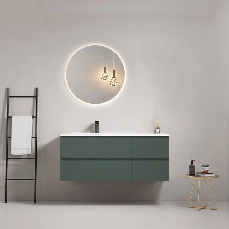 Mobile bagno sospeso 120 cm Verde Comodoro Lavabo a Sinistra in Ceramica Specchio Tondo Retroilluminato - Fiji Paint