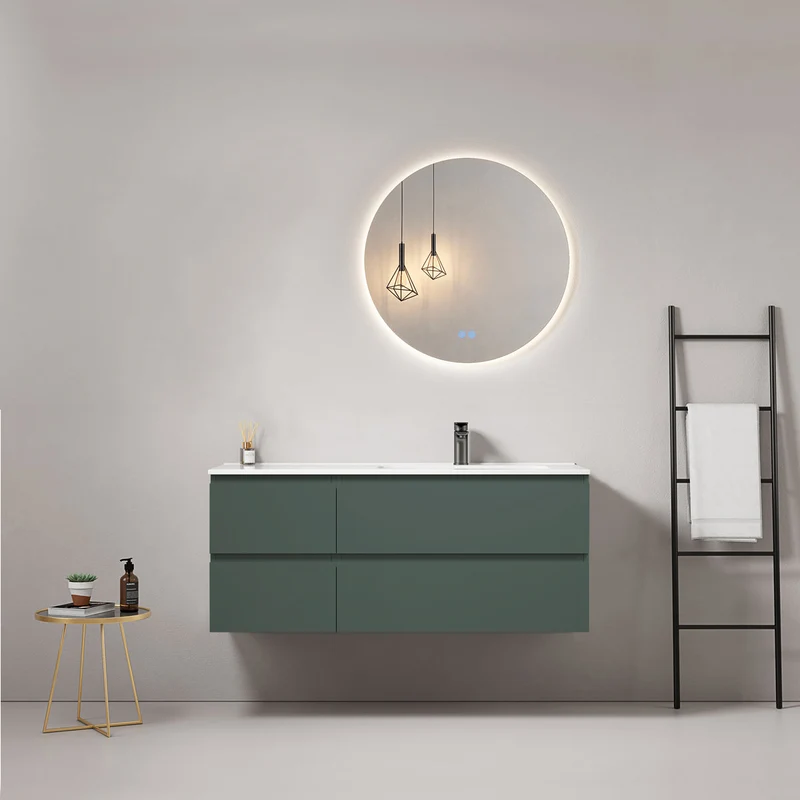 Mobile bagno sospeso 120 cm Verde Comodoro Lavabo a Destra in Ceramica Specchio Tondo Retroilluminato - Fiji Paint