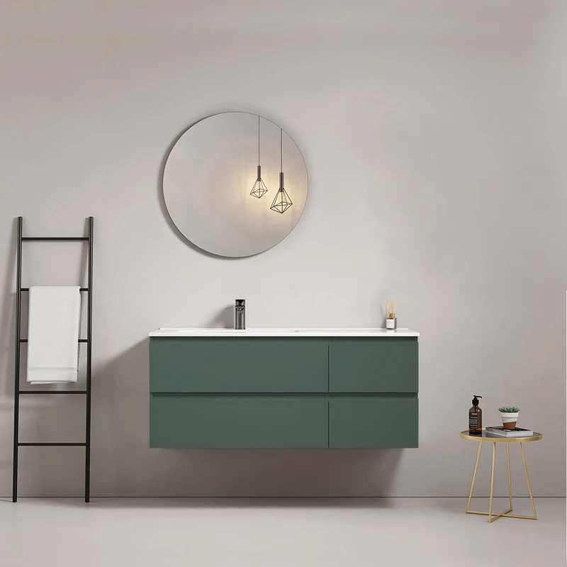 Mobile bagno sospeso 120 cm Verde Comodoro Lavabo a Sinistra in Ceramica Specchio Tondo - Fiji Paint