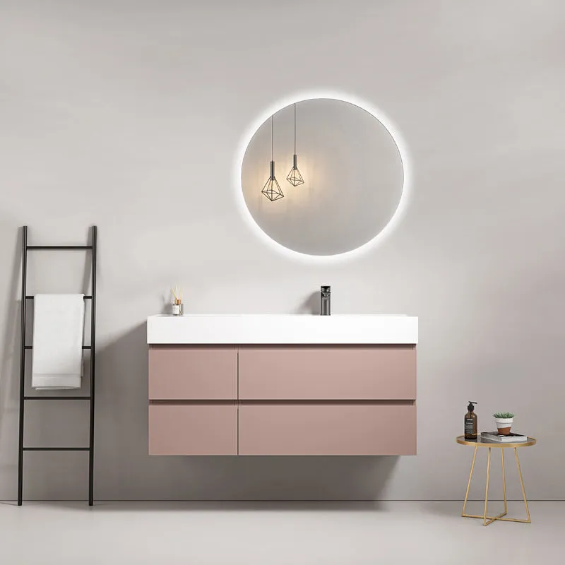 Mobile bagno sospeso 120 cm Rosa Retro Lavabo a Destra in Resina Specchio Tondo Retroilluminato - Fiji Paint
