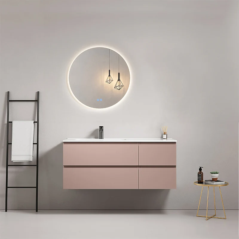 Mobile bagno sospeso 120 cm Rosa Retro Lavabo a Sinistra in Ceramica Specchio Tondo Retroilluminato - Fiji Paint