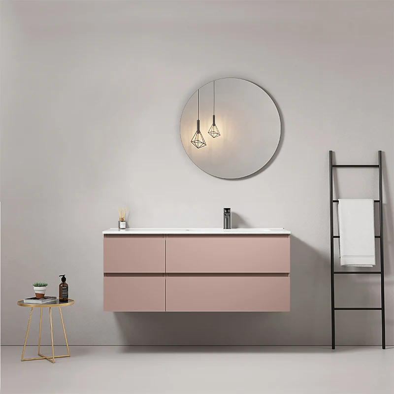 Mobile bagno sospeso 120 cm Rosa Retro Lavabo a Destra in Ceramica Specchio Tondo - Fiji Paint
