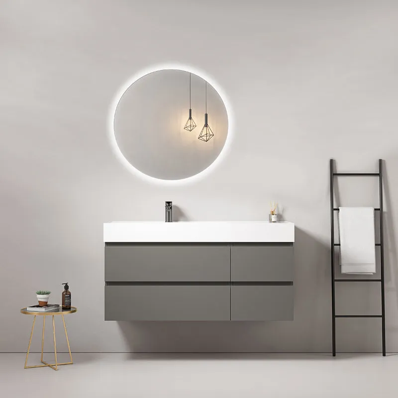Mobile bagno sospeso 120 cm Grigio Londra Lavabo a Sinistra in Resina Specchio Tondo Retroilluminato - Fiji Paint
