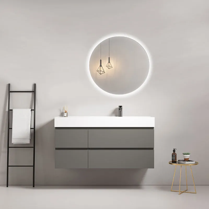 Mobile bagno sospeso 120 cm Grigio Londra Lavabo a Destra in Resina Specchio Tondo Retroilluminato - Fiji Paint