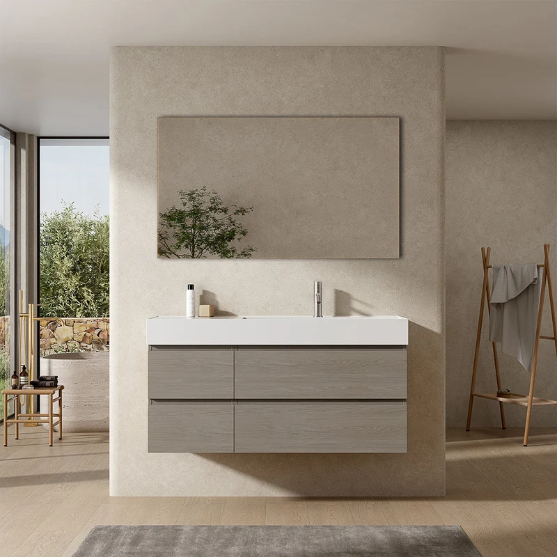 Mobile bagno sospeso 120 cm Beige Lavabo a Destra in Resina Specchio Quadro - Fiji Wood