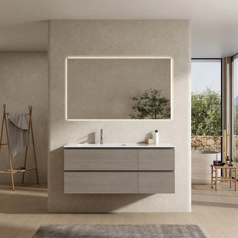 Mobile bagno sospeso 120 cm Beige Lavabo a Sinistra in Ceramica Specchio Quadro Retroilluminato - Fiji Wood