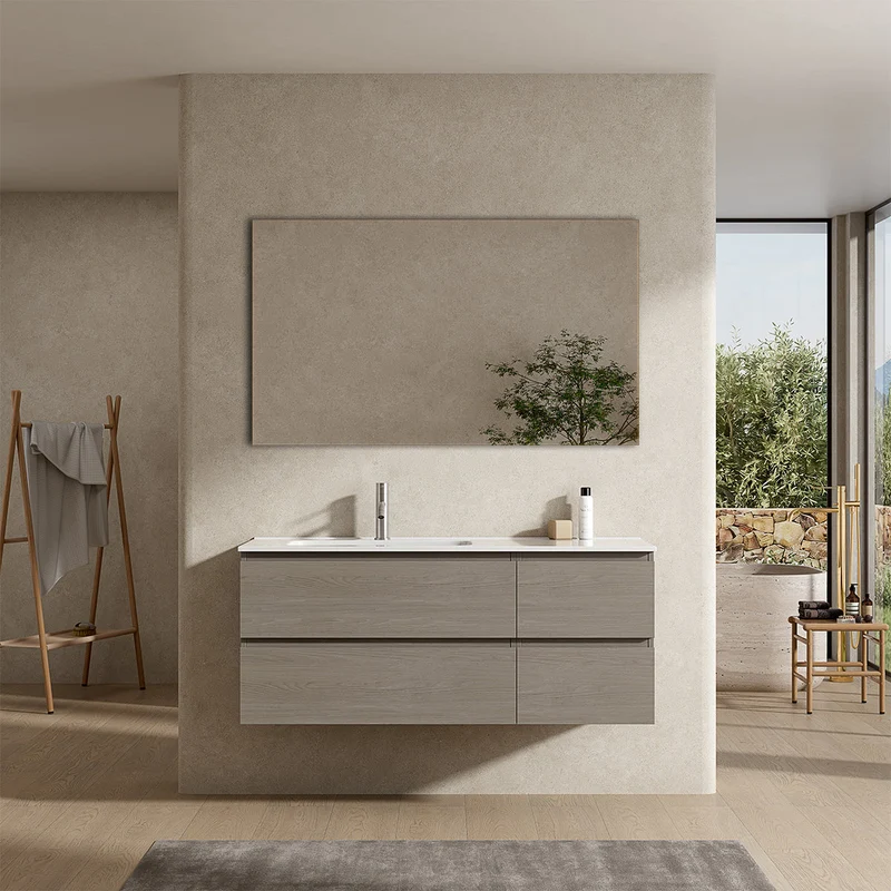 Mobile bagno sospeso 120 cm Beige Lavabo a Sinistra in Ceramica Specchio Quadro - Fiji Wood
