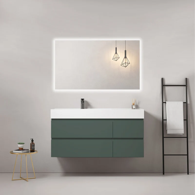 Mobile bagno sospeso 120 cm Verde Comodoro Lavabo a Sinistra in Resina Specchio Quadro Retroilluminato - Fiji Paint