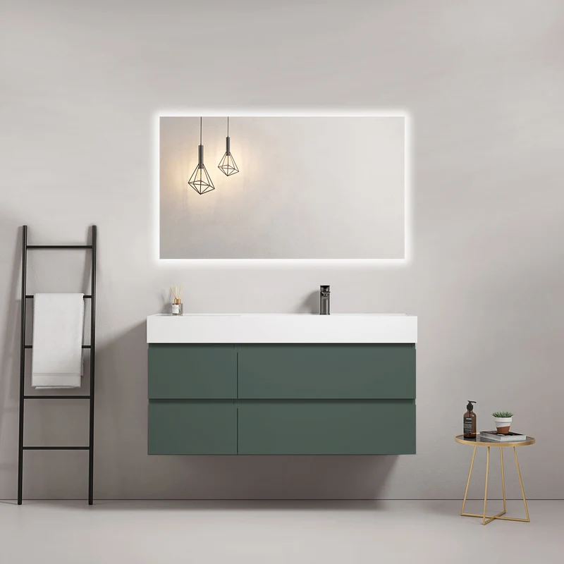 Mobile bagno sospeso 120 cm Verde Comodoro Lavabo a Destra in Resina Specchio Quadro Retroilluminato - Fiji Paint