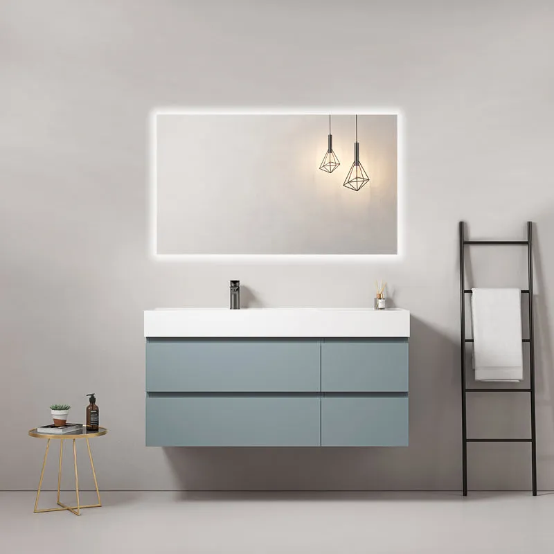 Mobile bagno sospeso 120 cm Blu Avio Lavabo a Sinistra in Resina Specchio Quadro Retroilluminato - Fiji Paint