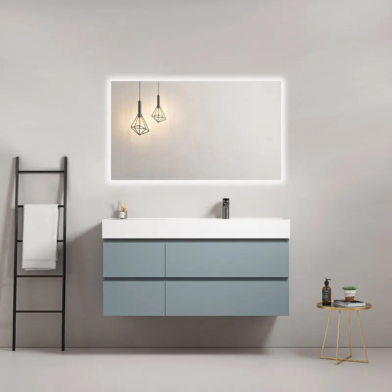 Mobile bagno sospeso 120 cm Blu Avio Lavabo a Destra in Resina Specchio Quadro Retroilluminato - Fiji Paint