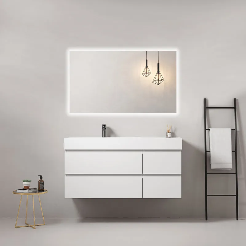Mobile bagno sospeso 120 cm Bianco Lavabo a Sinistra in Resina Specchio Quadro Retroilluminato - Fiji Paint