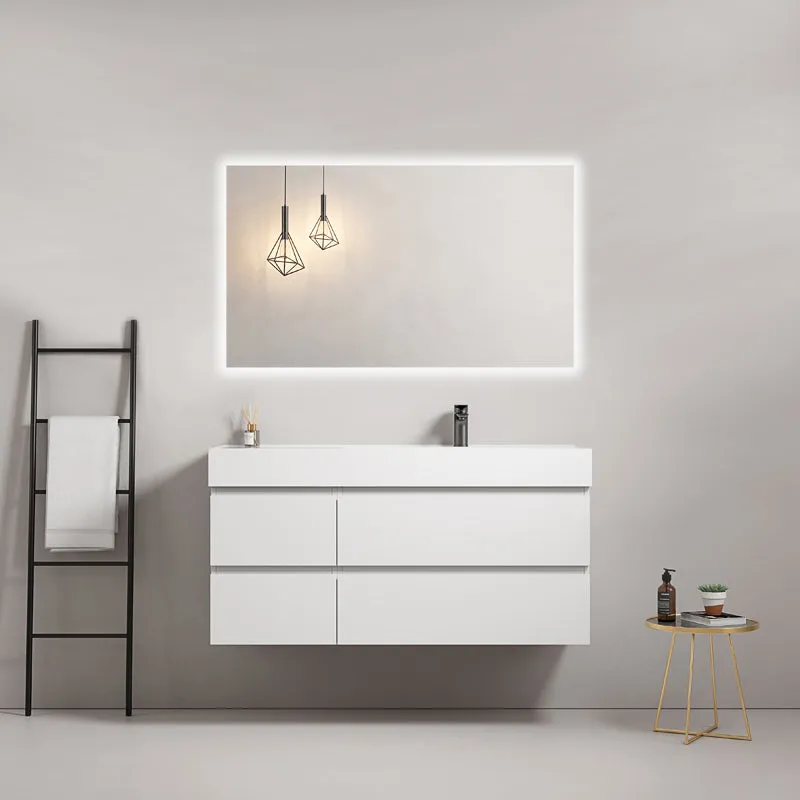 Mobile bagno sospeso 120 cm Bianco Lavabo a Destra in Resina Specchio Quadro Retroilluminato - Fiji Paint