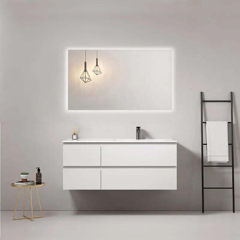 Mobile bagno sospeso 120 cm Bianco Lavabo a Destra in Ceramica Specchio Quadro Retroilluminato - Fiji Paint