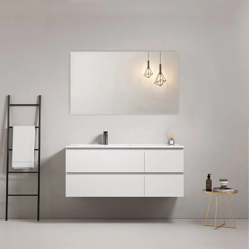 Mobile bagno sospeso 120 cm Bianco Lavabo a Sinistra in Ceramica Specchio Quadro - Fiji Paint