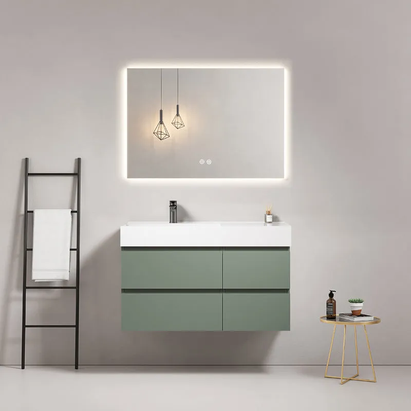 Mobile bagno sospeso 100 cm Verde Salvia Lavabo a Sinistra in Resina Specchio Quadro Retroilluminato - Fiji Paint