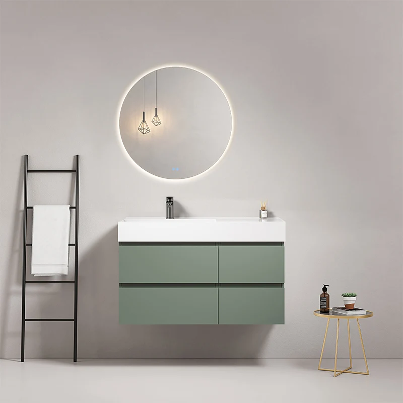 Mobile bagno sospeso 100 cm Verde Salvia Lavabo a Sinistra in Resina Specchio Tondo Retroilluminato - Fiji Paint