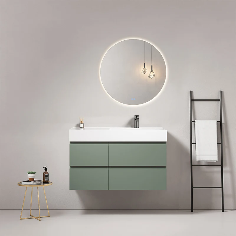 Mobile bagno sospeso 100 cm Verde Salvia Lavabo a Destra in Resina Specchio Tondo Retroilluminato - Fiji Paint