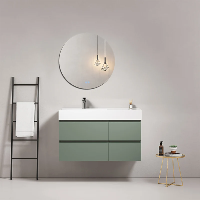 Mobile bagno sospeso 100 cm Verde Salvia Lavabo a Sinistra in Resina Specchio Tondo - Fiji Paint