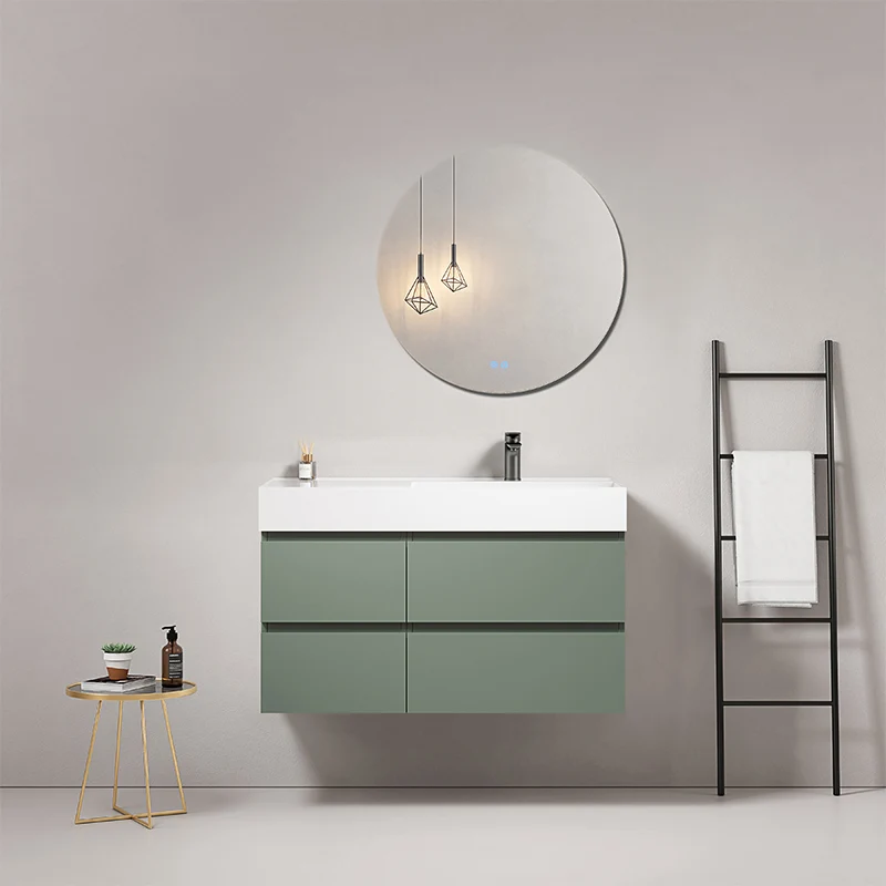 Mobile bagno sospeso 100 cm Verde Salvia Lavabo a Destra in Resina Specchio Tondo - Fiji Paint