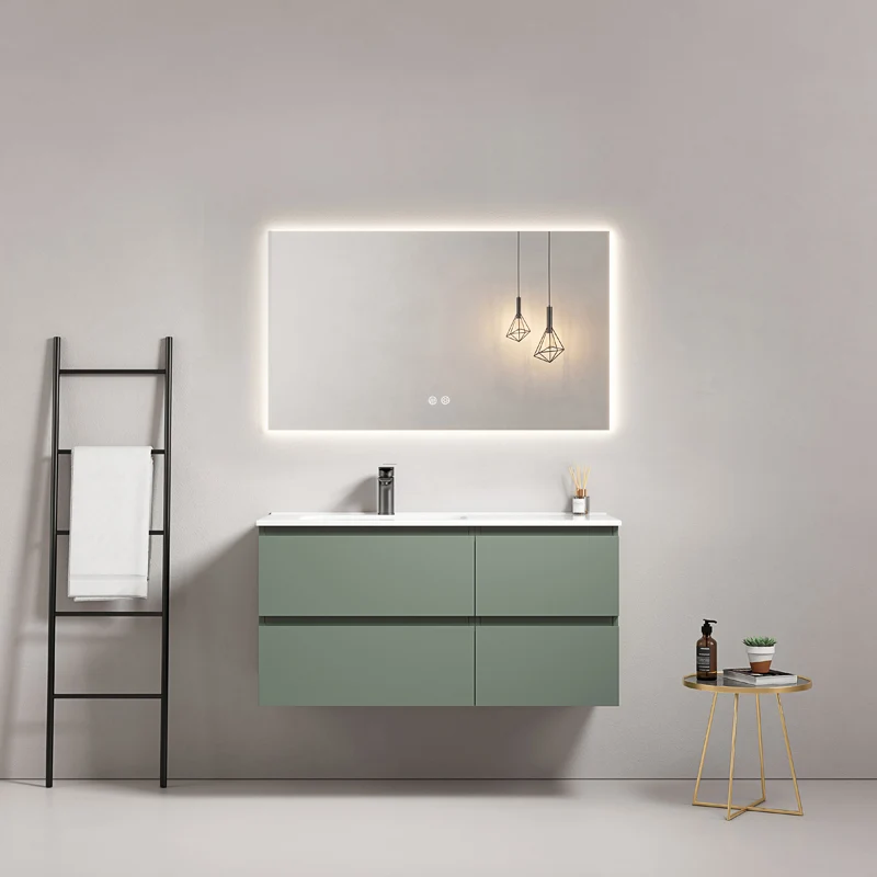 Mobile bagno sospeso 100 cm Verde Salvia Lavabo a Sinistra in Ceramica Specchio Quadro Retroilluminato - Fiji Paint