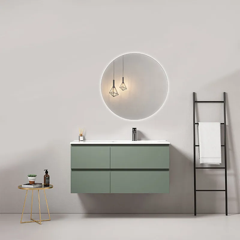 Mobile bagno sospeso 100 cm Verde Salvia Lavabo a Destra in Ceramica Specchio Tondo Retroilluminato - Fiji Paint