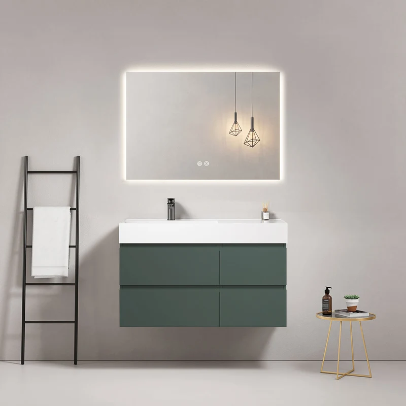 Mobile bagno sospeso 100 cm Verde Comodoro Lavabo a Sinistra in Resina Specchio Quadro Retroilluminato - Fiji Paint