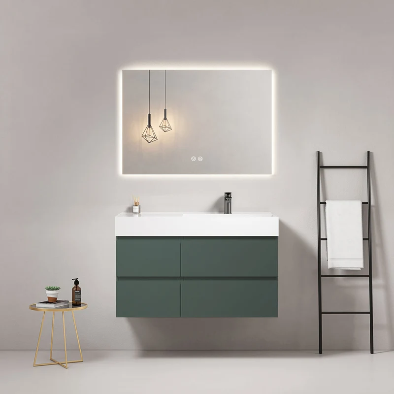 Mobile bagno sospeso 100 cm Verde Comodoro Lavabo a Destra in Resina Specchio Quadro Retroilluminato - Fiji Paint