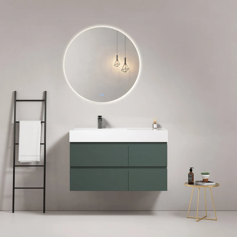 Mobile bagno sospeso 100 cm Verde Comodoro Lavabo a Sinistra in Resina Specchio Tondo Retroilluminato - Fiji Paint