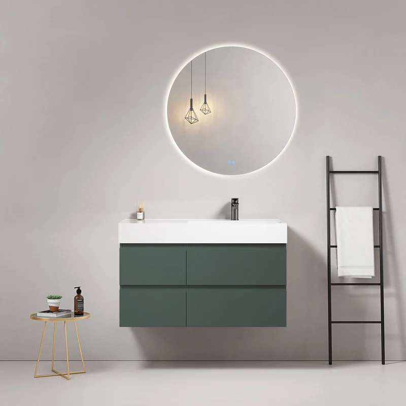Mobile bagno sospeso 100 cm Verde Comodoro Lavabo a Destra in Resina Specchio Tondo Retroilluminato - Fiji Paint