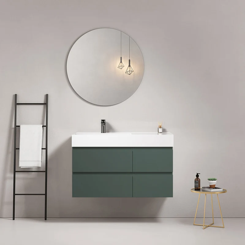 Mobile bagno sospeso 100 cm Verde Comodoro Lavabo a Sinistra in Resina Specchio Tondo - Fiji Paint