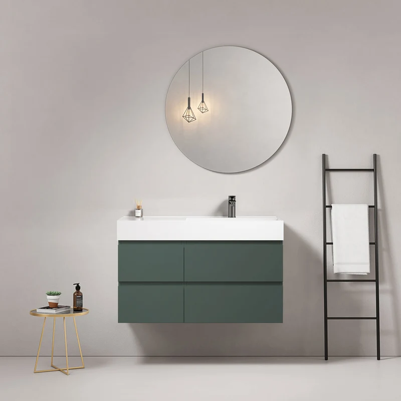 Mobile bagno sospeso 100 cm Verde Comodoro Lavabo a Destra in Resina Specchio Tondo - Fiji Paint