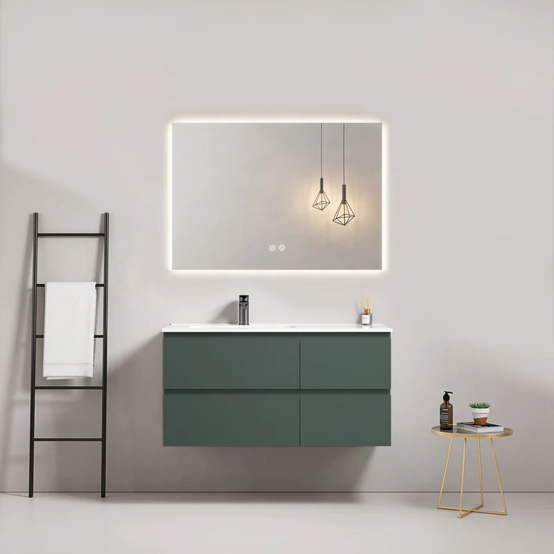 Mobile bagno sospeso 100 cm Verde Comodoro Lavabo a Sinistra in Ceramica Specchio Quadro Retroilluminato - Fiji Paint