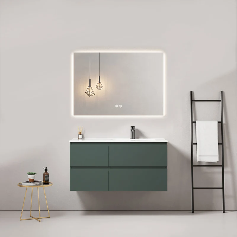 Mobile bagno sospeso 100 cm Verde Comodoro Lavabo a Destra in Ceramica Specchio Quadro Retroilluminato - Fiji Paint