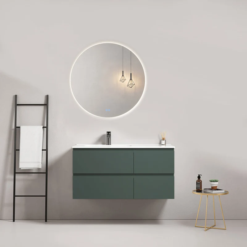Mobile bagno sospeso 100 cm Verde Comodoro Lavabo a Sinistra in Ceramica Specchio Tondo Retroilluminato - Fiji Paint