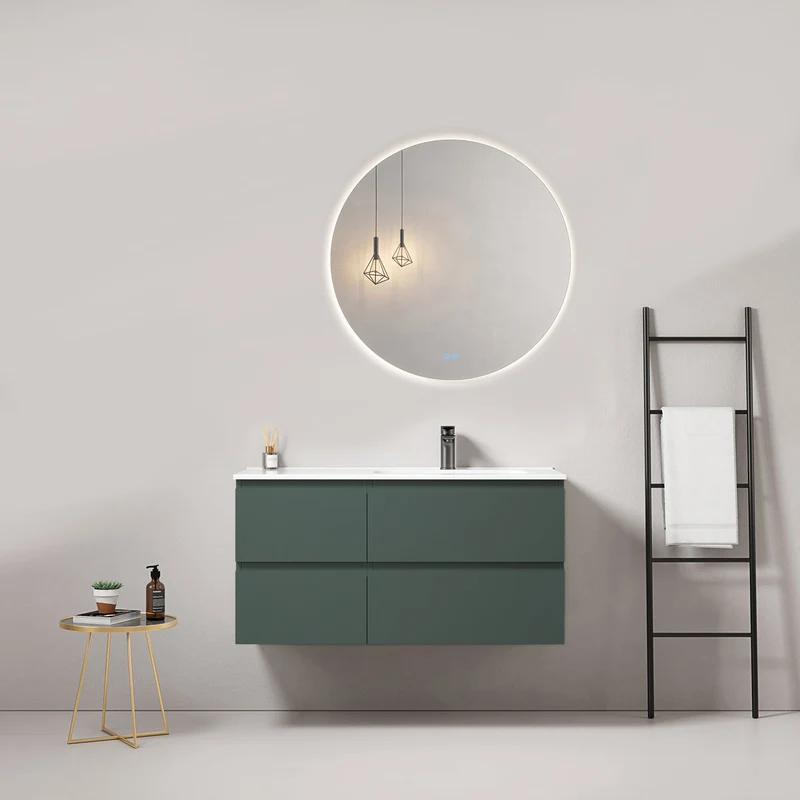 Mobile bagno sospeso 100 cm Verde Comodoro Lavabo a Destra in Ceramica Specchio Tondo Retroilluminato - Fiji Paint