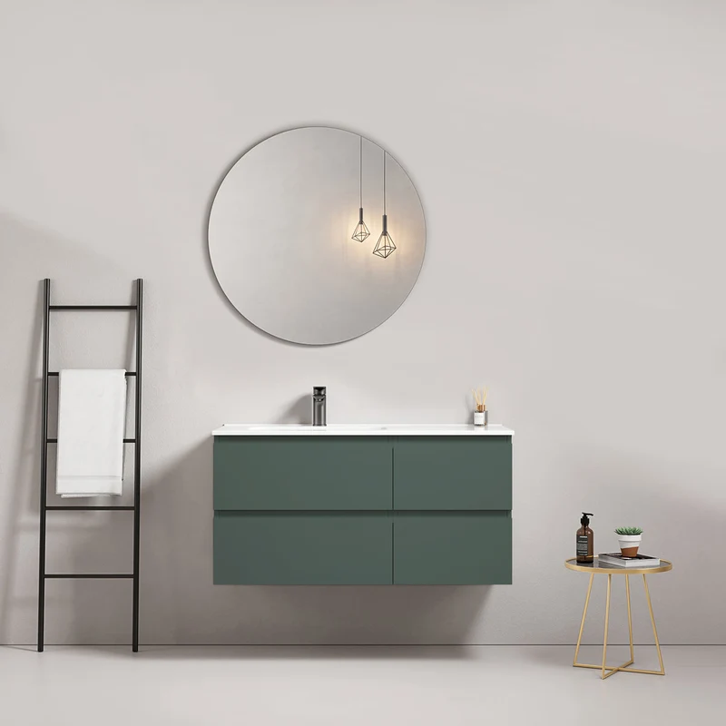 Mobile bagno sospeso 100 cm Verde Comodoro Lavabo a Sinistra in Ceramica Specchio Tondo - Fiji Paint