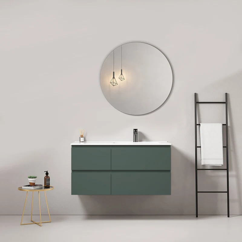 Mobile bagno sospeso 100 cm Verde Comodoro Lavabo a Destra in Ceramica Specchio Tondo - Fiji Paint