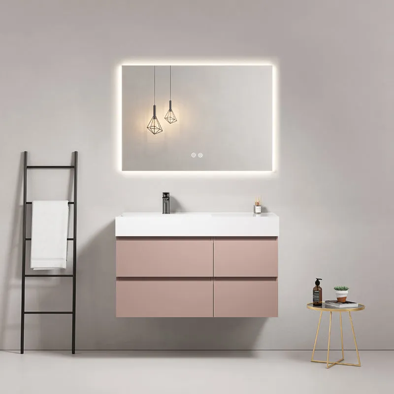 Mobile bagno sospeso 100 cm Rosa Retro Lavabo a Sinistra in Resina Specchio Quadro Retroilluminato - Fiji Paint