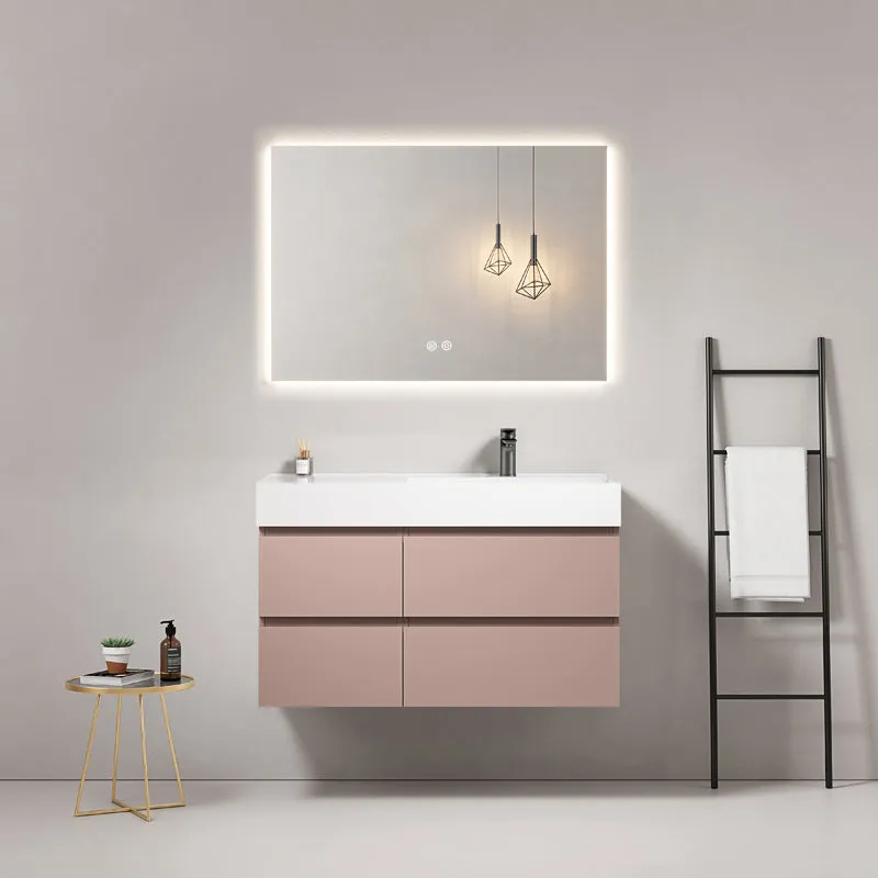 Mobile bagno sospeso 100 cm Rosa Retro Lavabo a Destra in Resina Specchio Quadro Retroilluminato - Fiji Paint