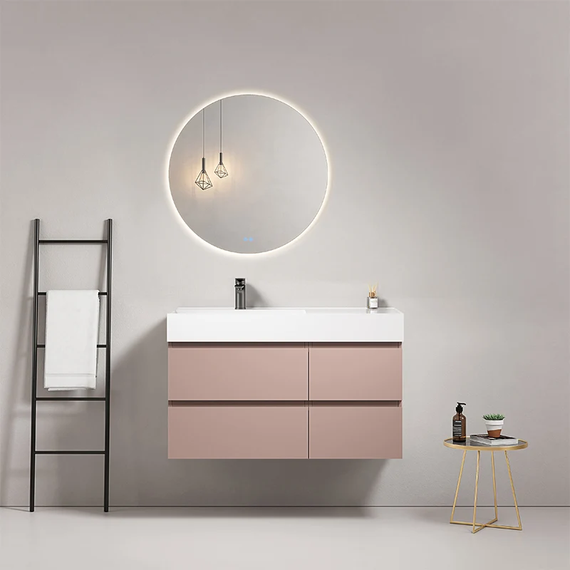 Mobile bagno sospeso 100 cm Rosa Retro Lavabo a Sinistra in Resina Specchio Tondo Retroilluminato - Fiji Paint