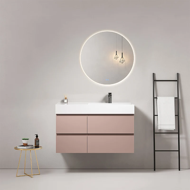 Mobile bagno sospeso 100 cm Rosa Retro Lavabo a Destra in Resina Specchio Tondo Retroilluminato - Fiji Paint