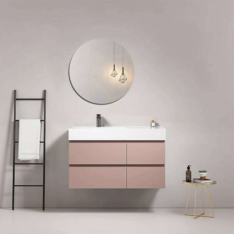 Mobile bagno sospeso 100 cm Rosa Retro Lavabo a Sinistra in Resina Specchio Tondo - Fiji Paint